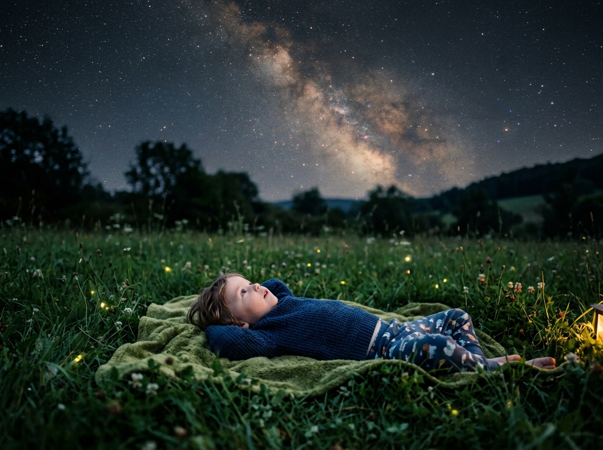Criança contemplando o céu estrelado